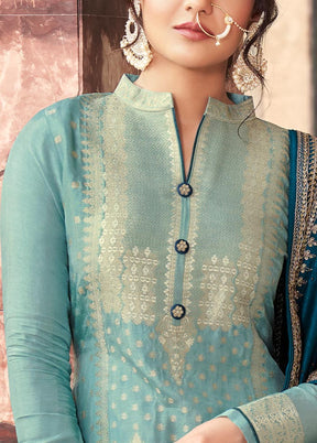 3 Pc Sky Blue Semi Stitched Silk Suit Set