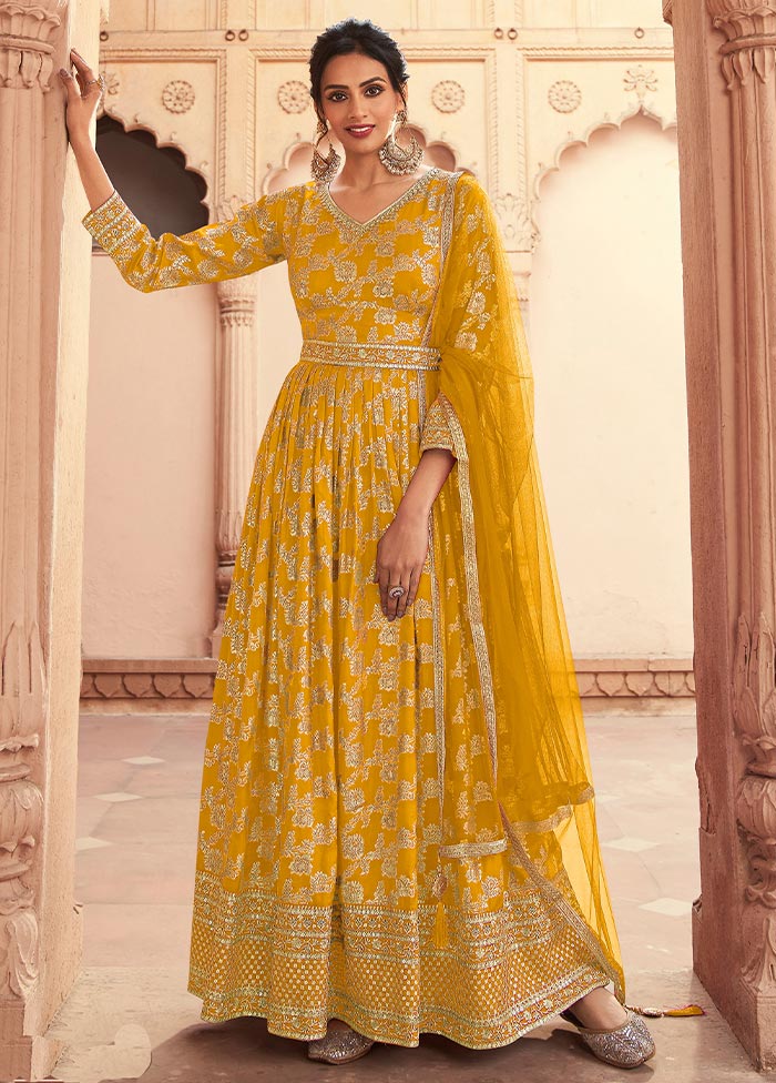 3 Pc Yellow Semi Stitched Silk Suit Set