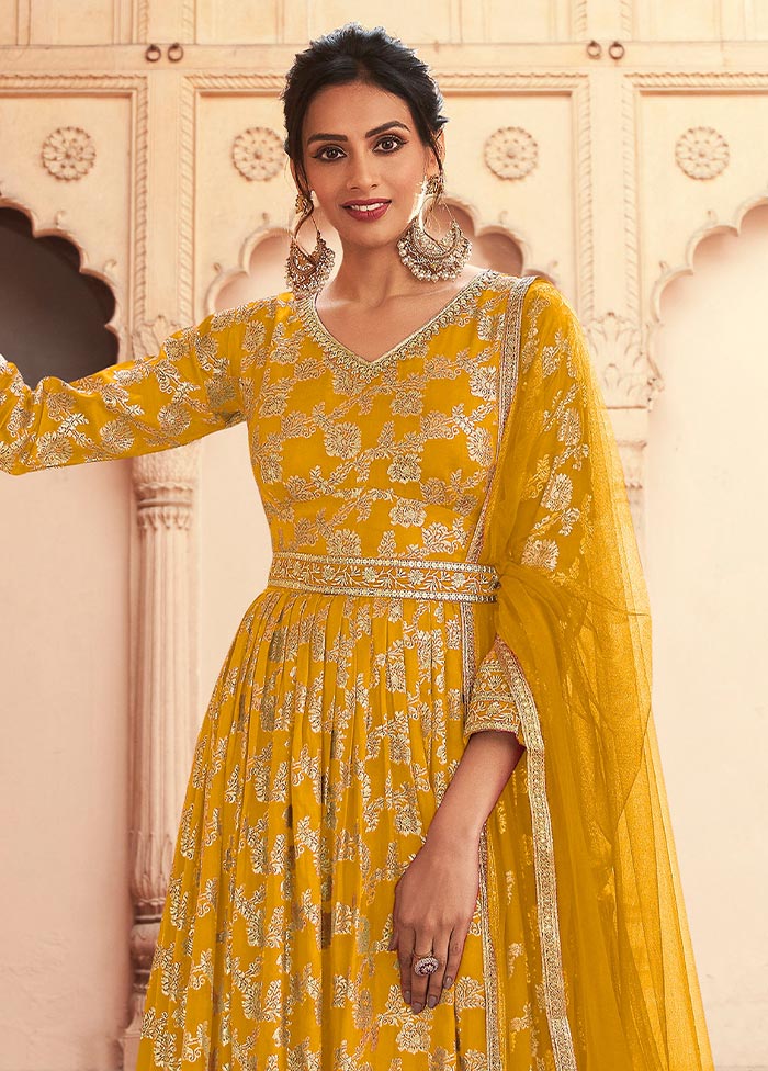 3 Pc Yellow Semi Stitched Silk Suit Set