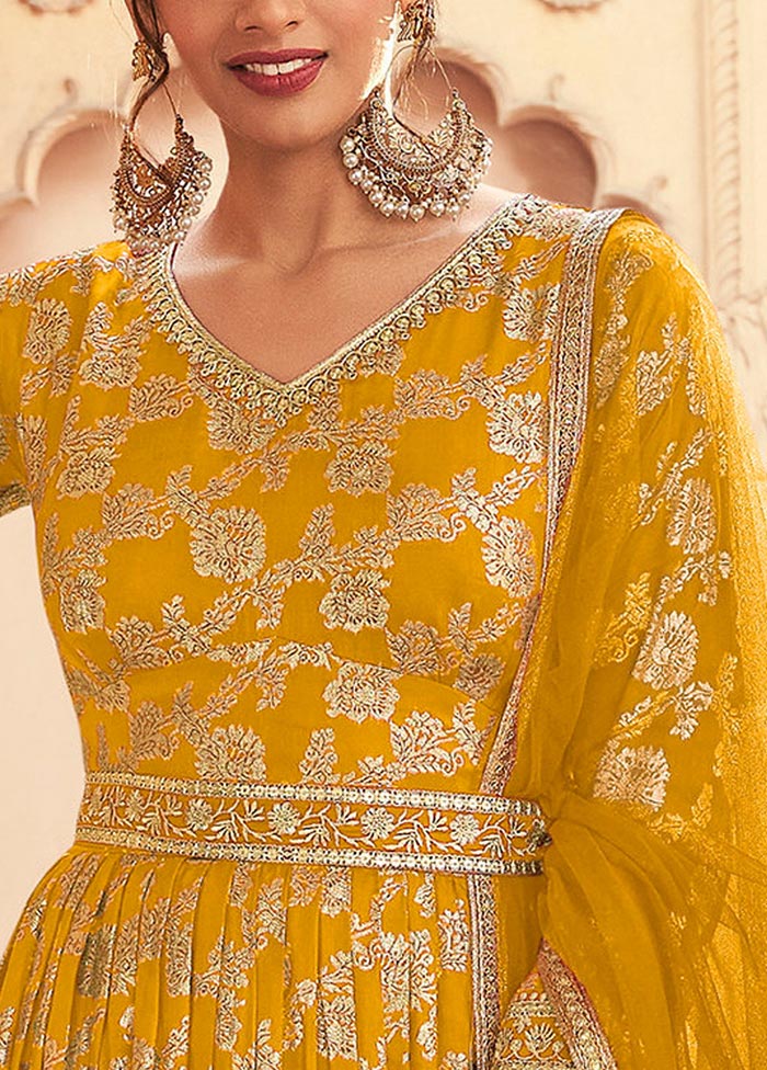 3 Pc Yellow Semi Stitched Silk Suit Set