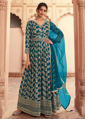 3 Pc Teal Semi Stitched Silk Suit Set