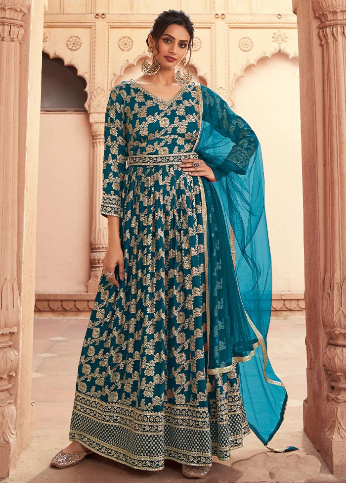 3 Pc Teal Semi Stitched Silk Suit Set