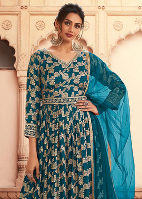 3 Pc Teal Semi Stitched Silk Suit Set