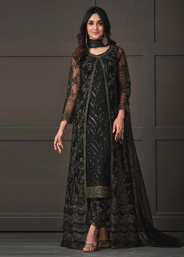 3 Pc Black Semi Stitched Net Suit Set