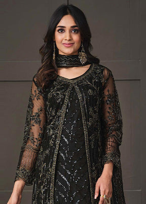 3 Pc Black Semi Stitched Net Suit Set