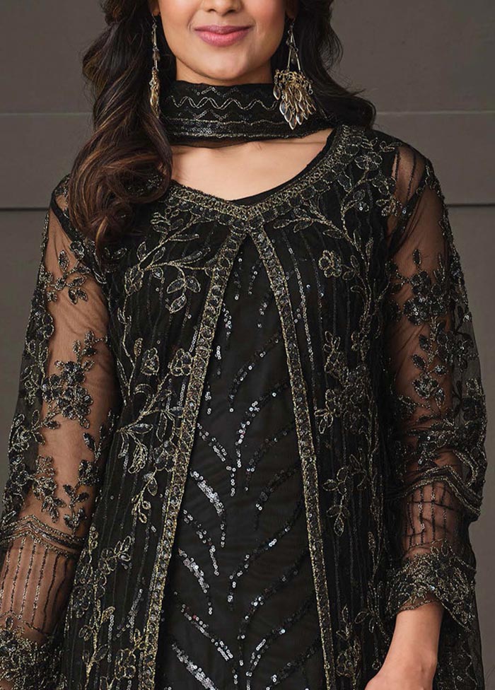 3 Pc Black Semi Stitched Net Suit Set