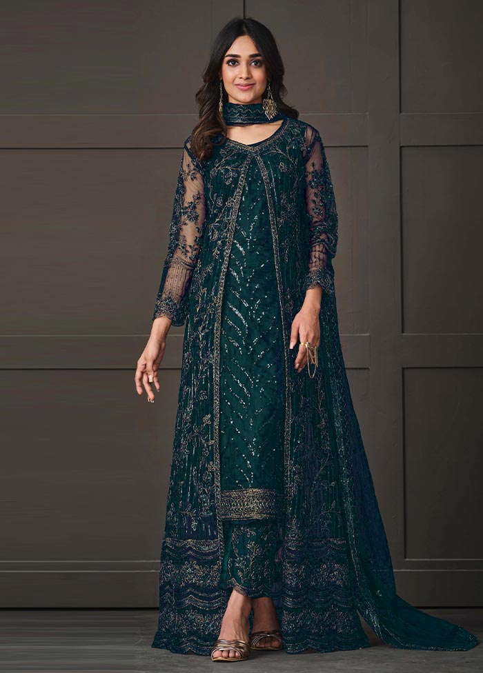 3 Pc Green Semi Stitched Net Suit Set