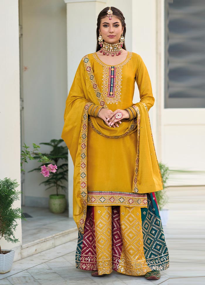 3 Pc Mustard Semi Stitched Georgette Suit Set