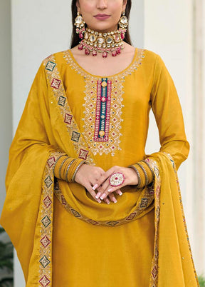 3 Pc Mustard Semi Stitched Georgette Suit Set