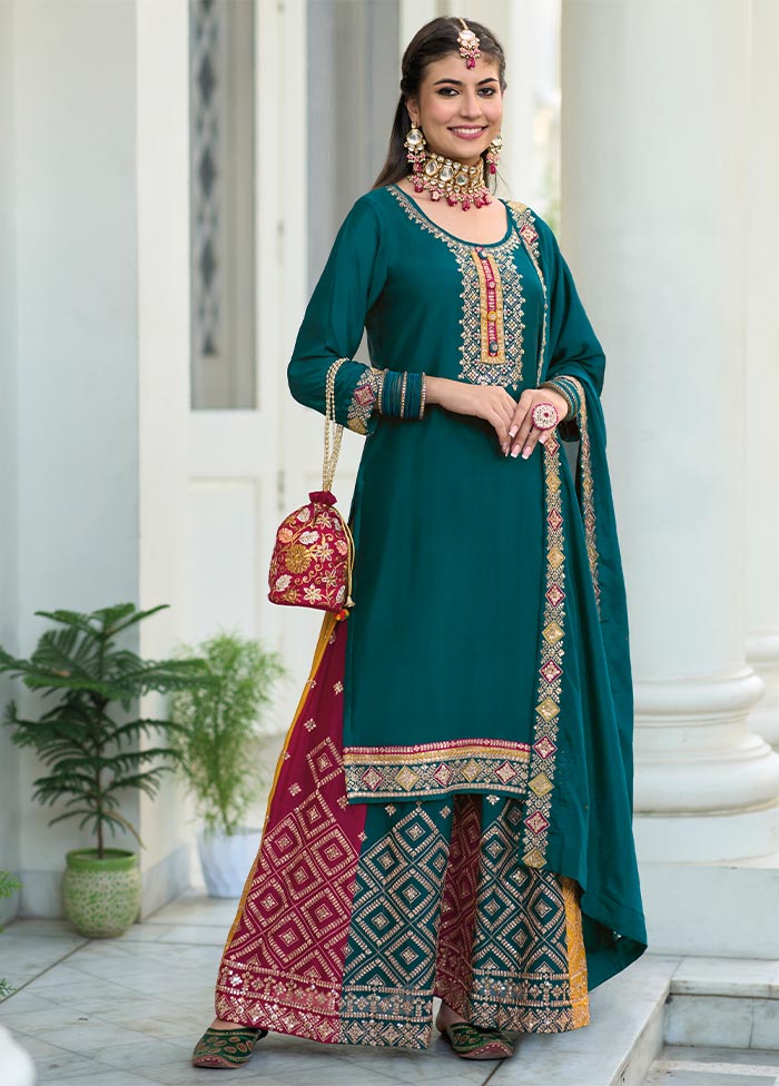 3 Pc Teal Green Semi Stitched Georgette Suit Set