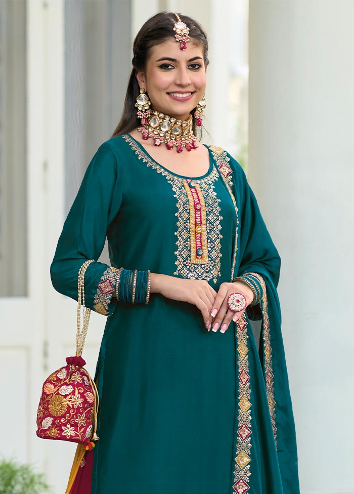 3 Pc Teal Green Semi Stitched Georgette Suit Set