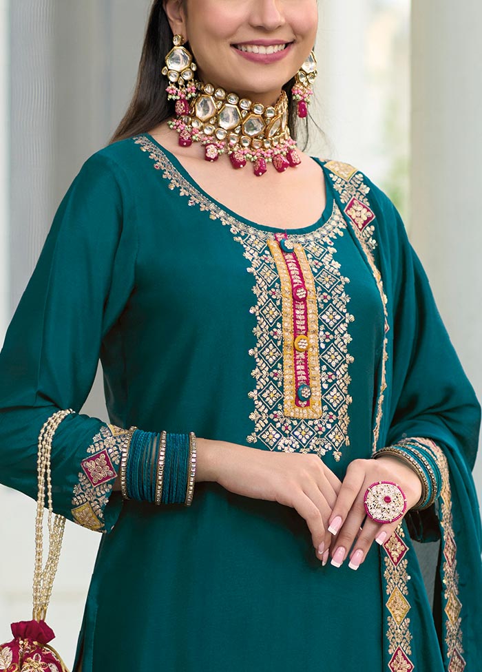 3 Pc Teal Green Semi Stitched Georgette Suit Set