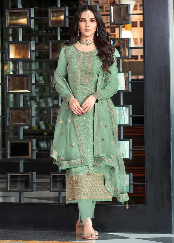 3 Pc Mint Green Semi Stitched Silk Suit Set