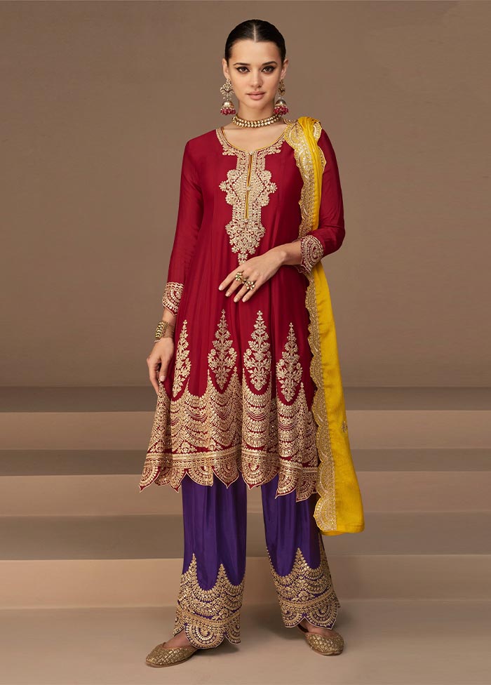 3 Pc Red Semi Stitched Georgette Suit Set