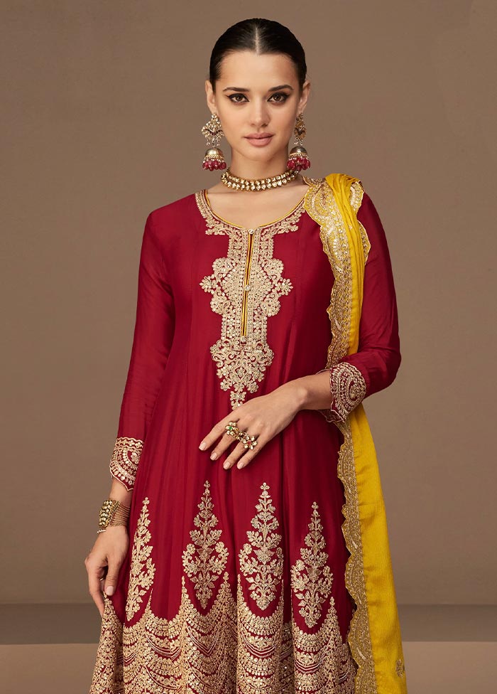 3 Pc Red Semi Stitched Georgette Suit Set