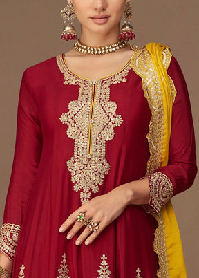 3 Pc Red Semi Stitched Georgette Suit Set