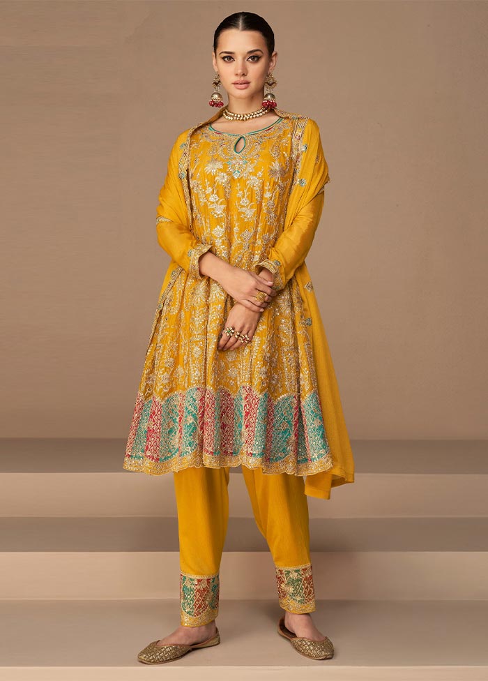 3 Pc Mustard Semi Stitched Georgette Suit Set