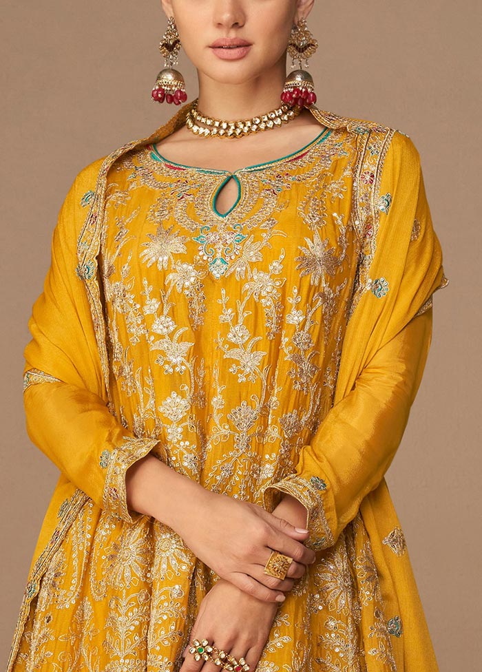 3 Pc Mustard Semi Stitched Georgette Suit Set