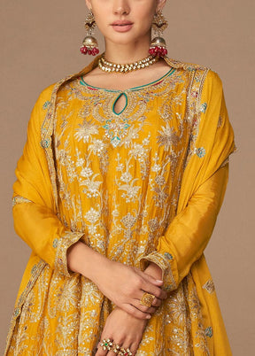 3 Pc Mustard Semi Stitched Georgette Suit Set