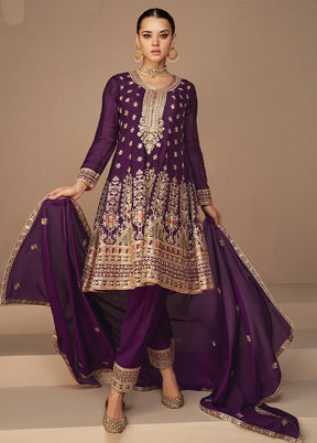 3 Pc Purple Semi Stitched Georgette Suit Set