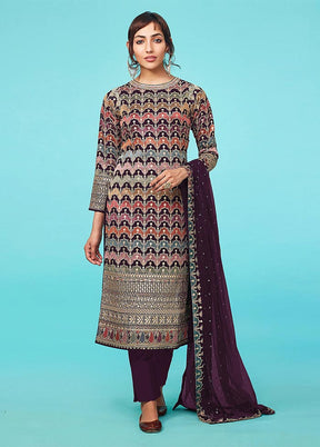 3 Pc Wine Semi Stitched Georgette Suit Set