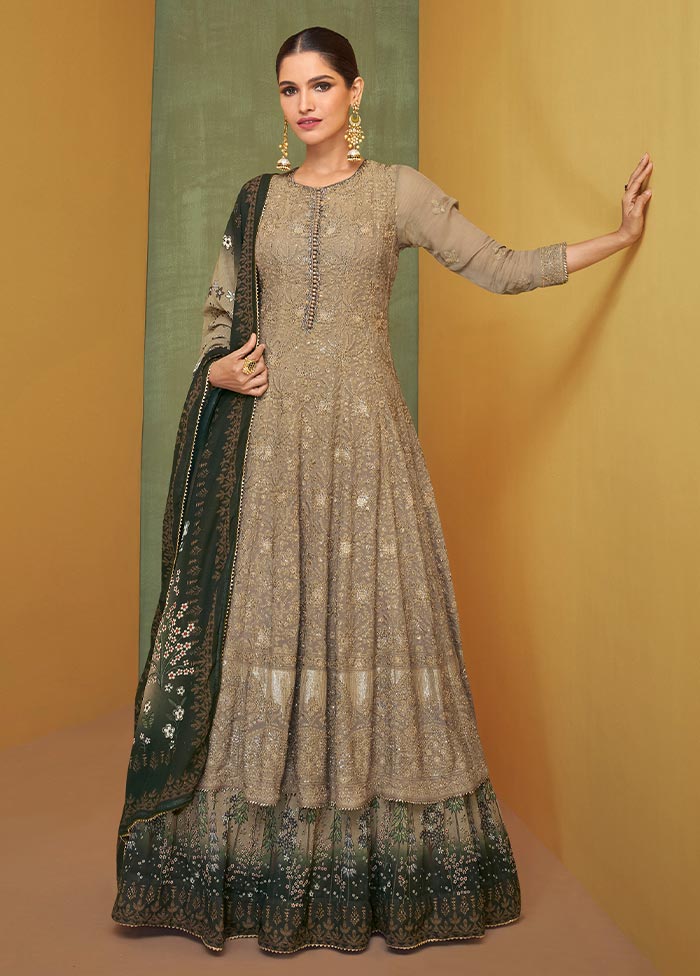 3 Pc Light Brown Semi Stitched Georgette Suit Set