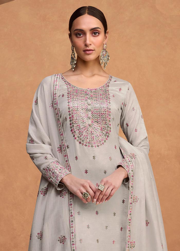 3 Pc Grey Semi Stitched Silk Suit Set