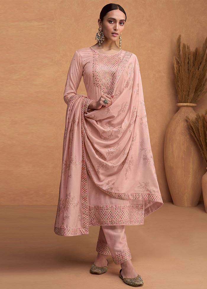 3 Pc Peach Semi Stitched Silk Suit Set