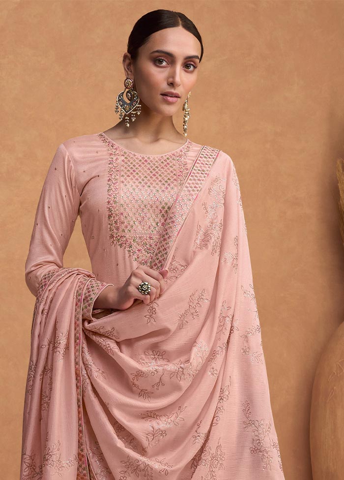 3 Pc Peach Semi Stitched Silk Suit Set