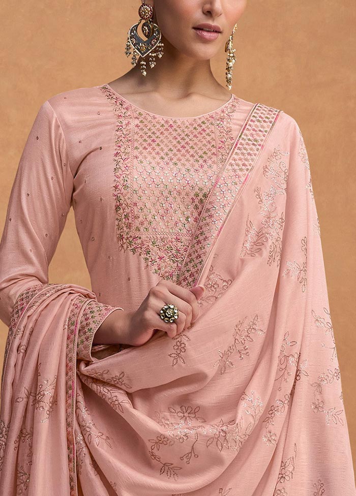 3 Pc Peach Semi Stitched Silk Suit Set