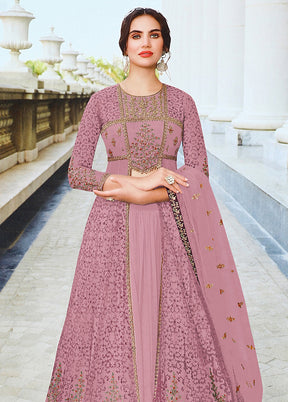 3 Pc Pink Semi Stitched Net Suit Set