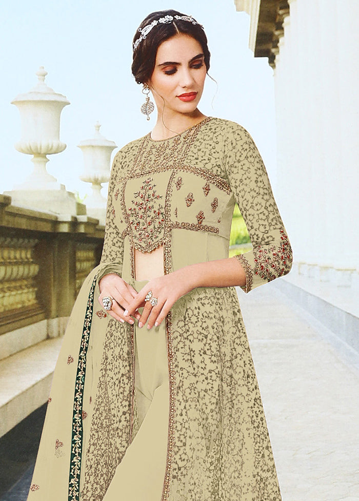 3 Pc Beige Semi Stitched Net Suit Set