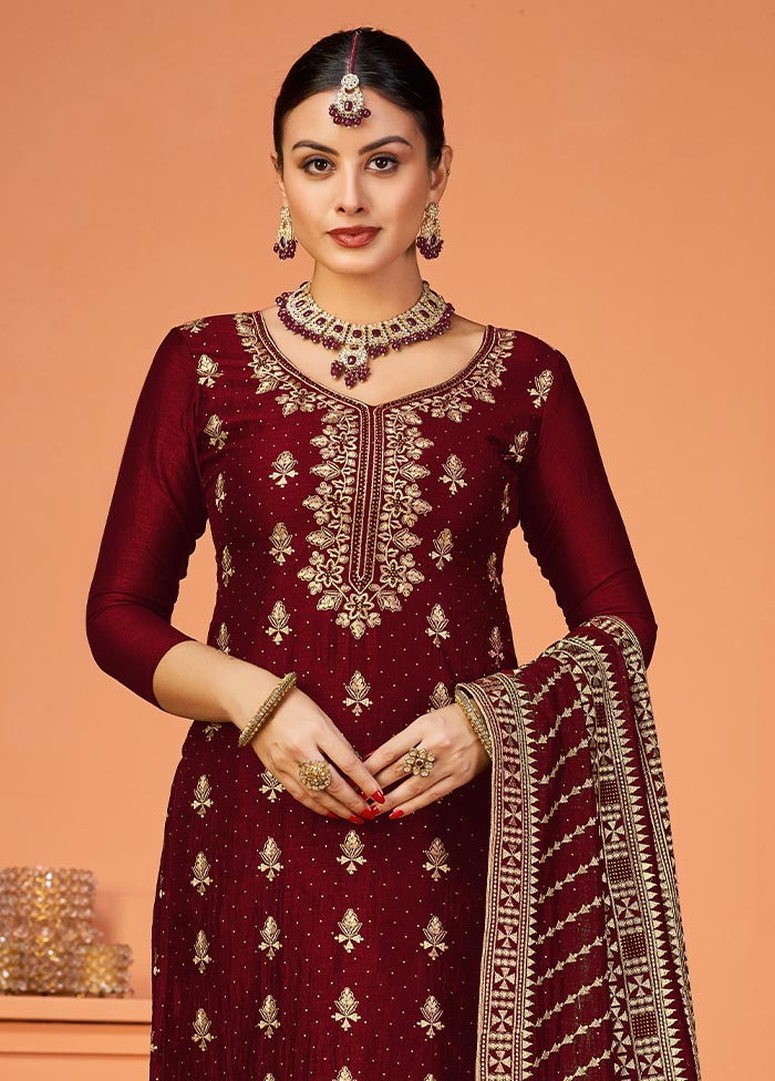 3 Pc Maroon Semi Stitched Georgette Suit Set