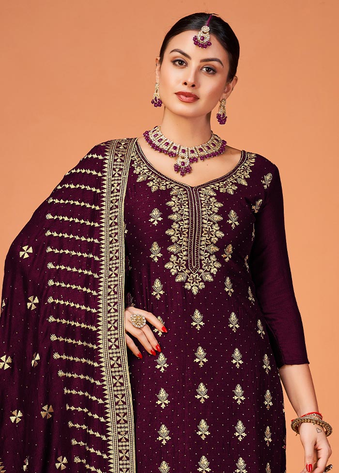 3 Pc Wine Semi Stitched Georgette Suit Set