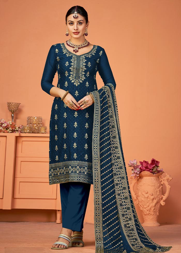 3 Pc Teal Semi Stitched Georgette Suit Set