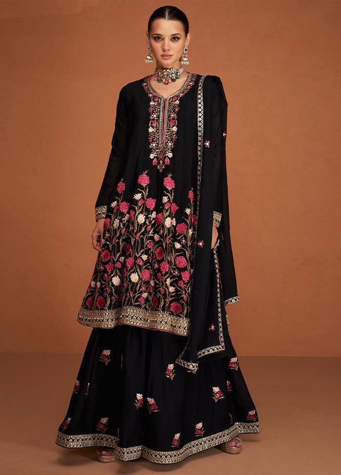 3 Pc Black Semi Stitched Georgette Suit Set