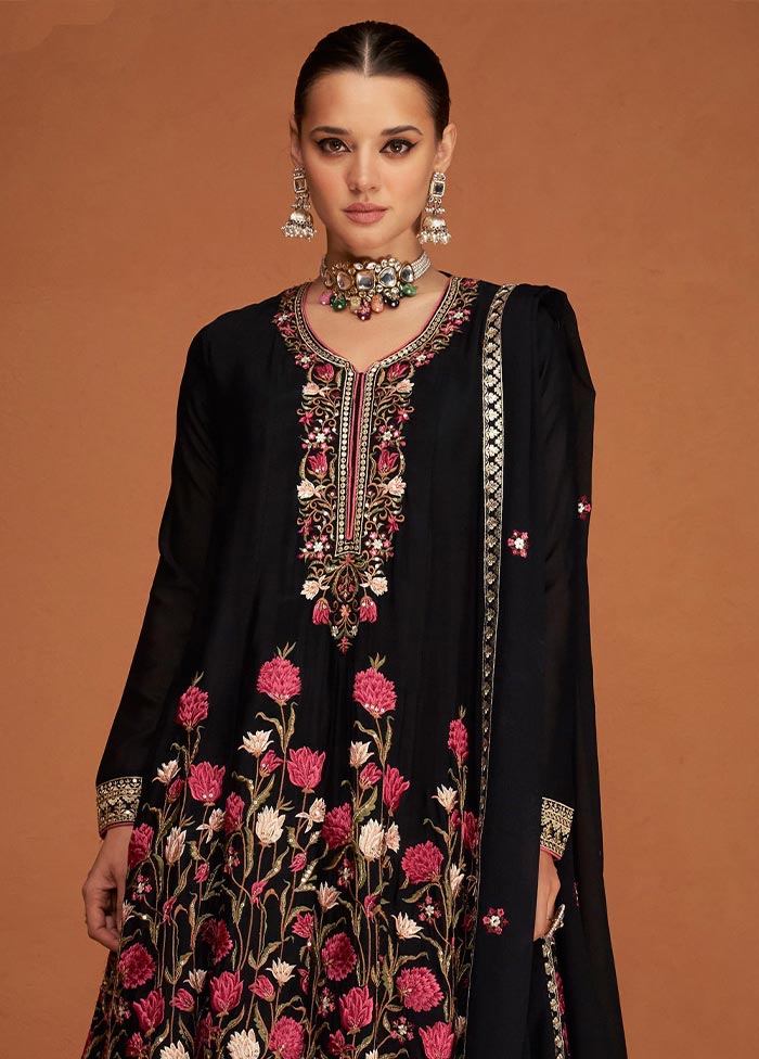 3 Pc Black Semi Stitched Georgette Suit Set