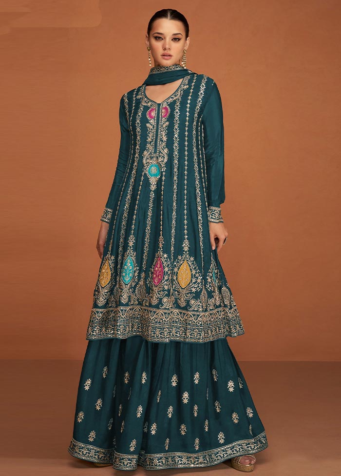 3 Pc Teal Semi Stitched Georgette Suit Set