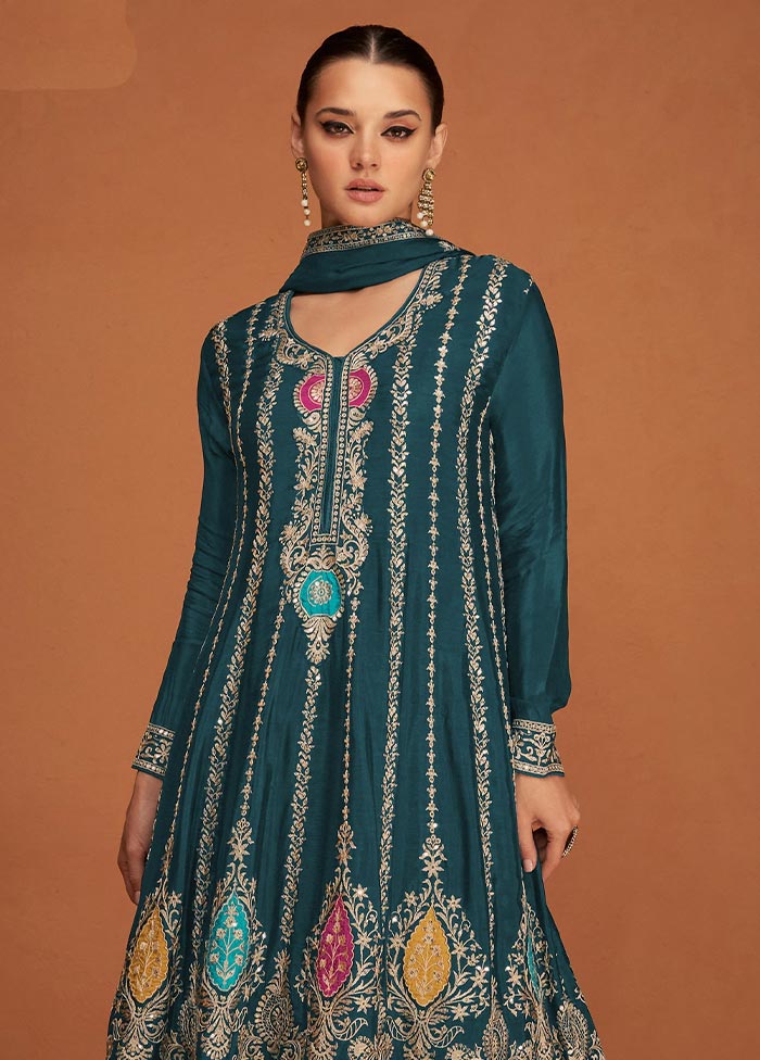 3 Pc Teal Semi Stitched Georgette Suit Set