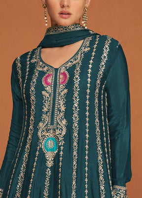 3 Pc Teal Semi Stitched Georgette Suit Set