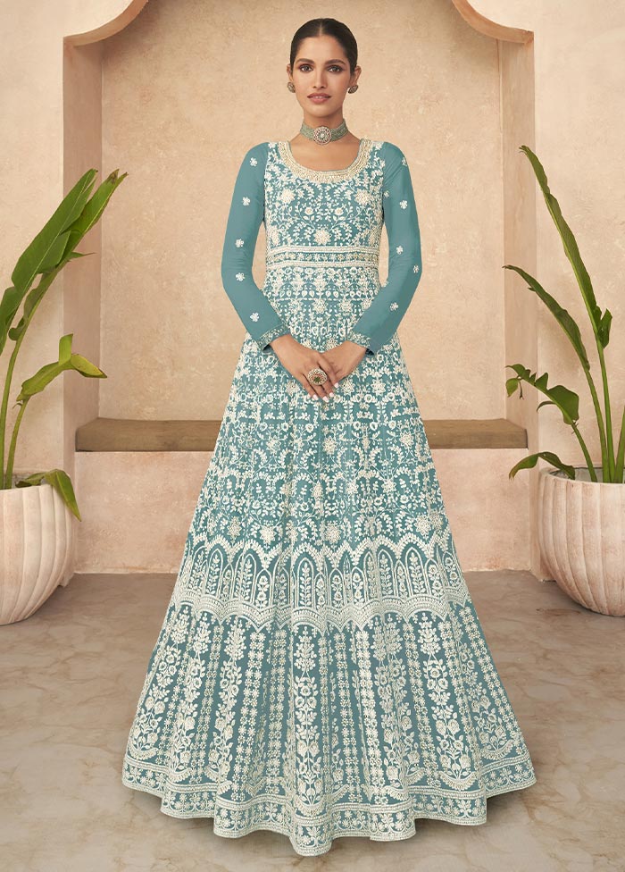 3 Pc Sky Blue Semi Stitched Georgette Suit Set