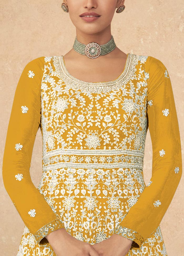 3 Pc Yellow Semi Stitched Georgette Suit Set