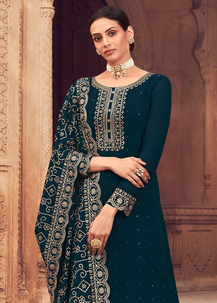 3 Pc Teal Semi Stitched Georgette Suit Set