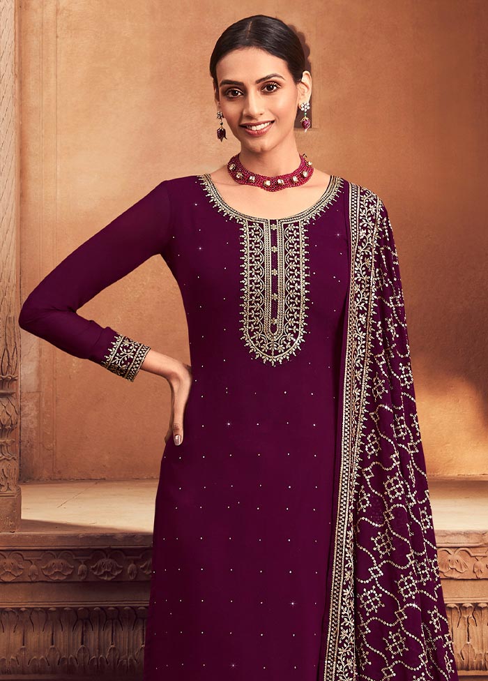 3 Pc Burgundy Semi Stitched Georgette Suit Set