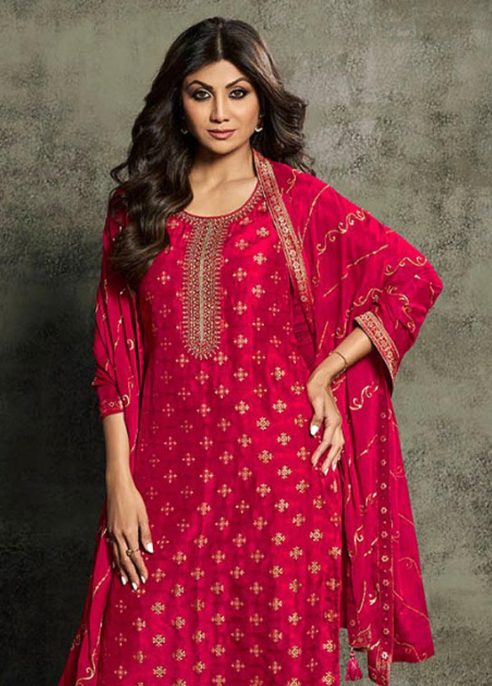 3 Pc Reddish Pink Semi Stitched Viscose Suit Set