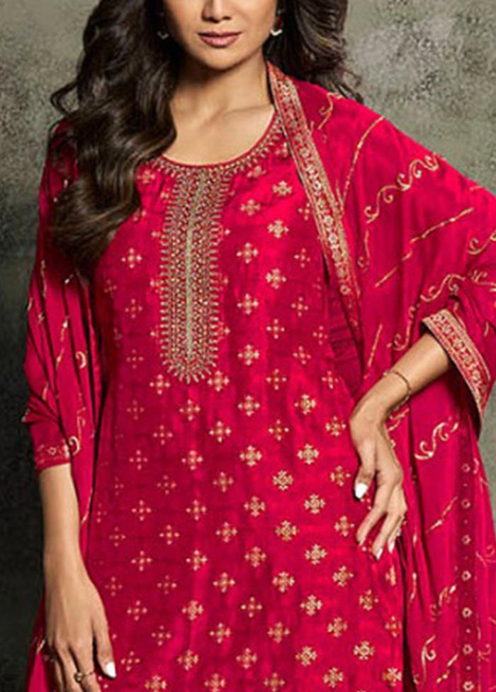 3 Pc Reddish Pink Semi Stitched Viscose Suit Set