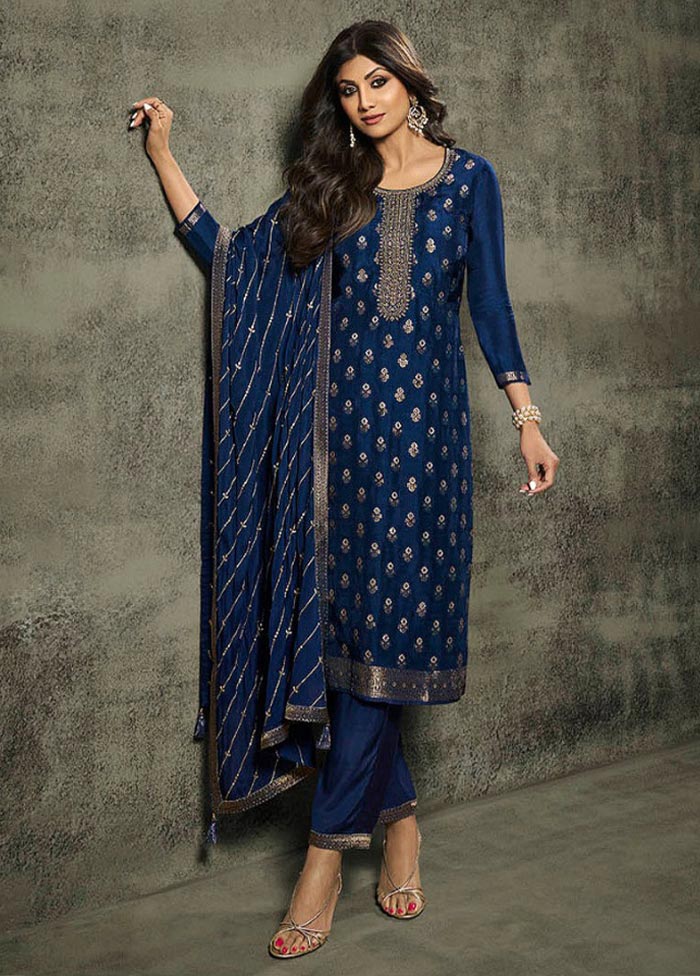 3 Pc Navy Blue Semi Stitched Viscose Suit Set