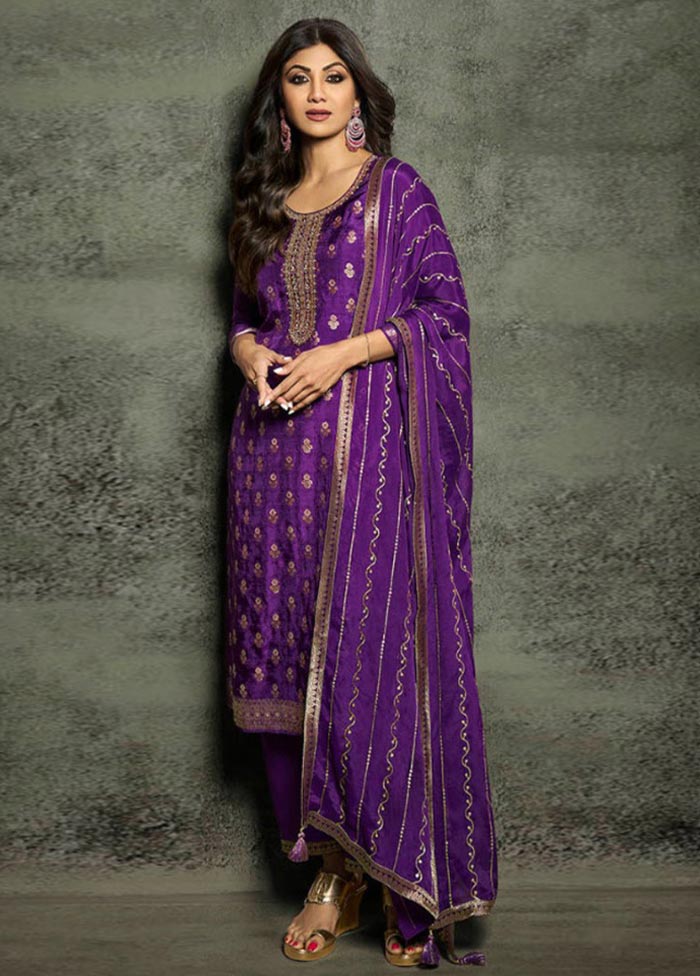 3 Pc Purple Semi Stitched Viscose Suit Set