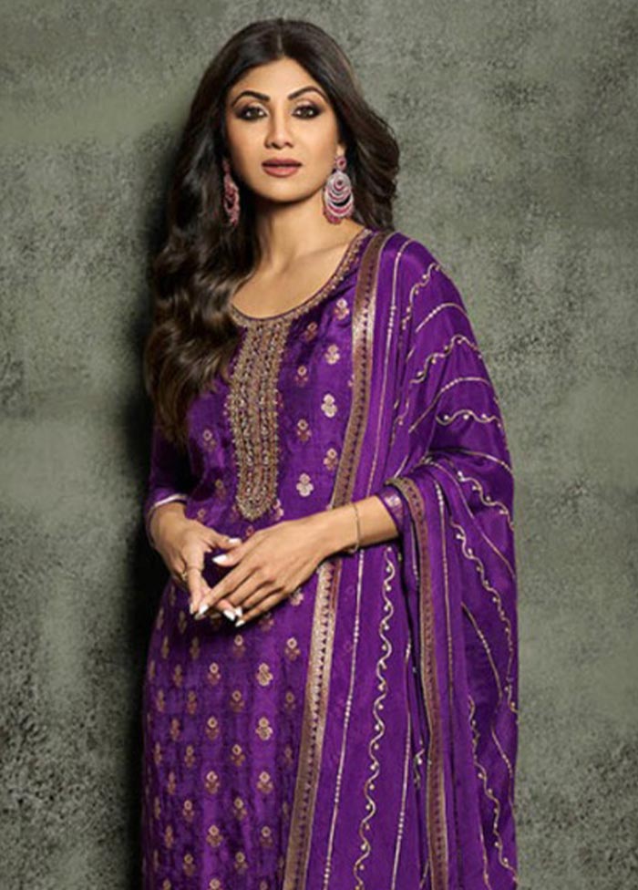 3 Pc Purple Semi Stitched Viscose Suit Set