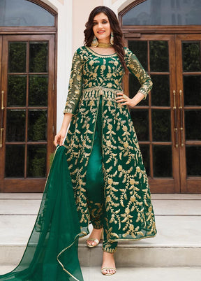 3 Pc Green Semi Stitched Net Suit Set